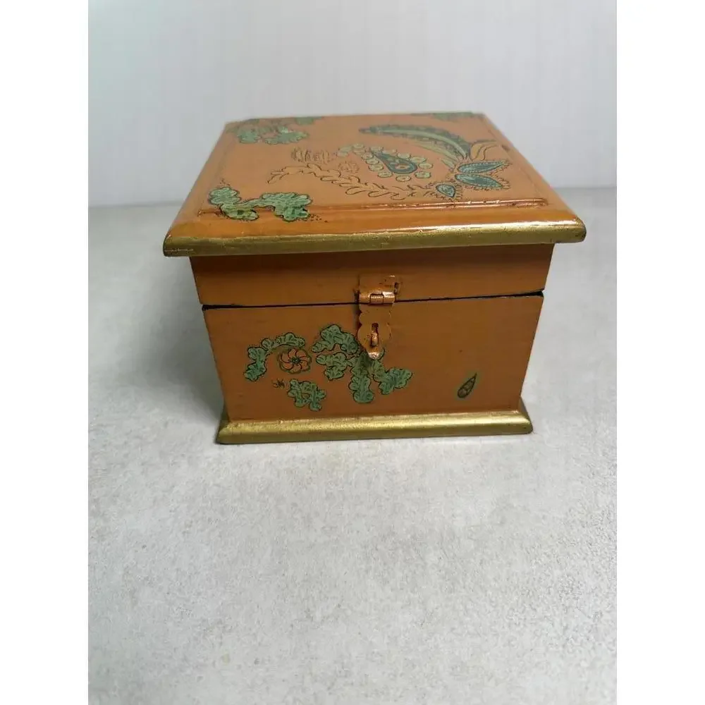 VTG Hand-Painted Wood Box 1960s Floral Paisley Trinket Chest Boho Decor